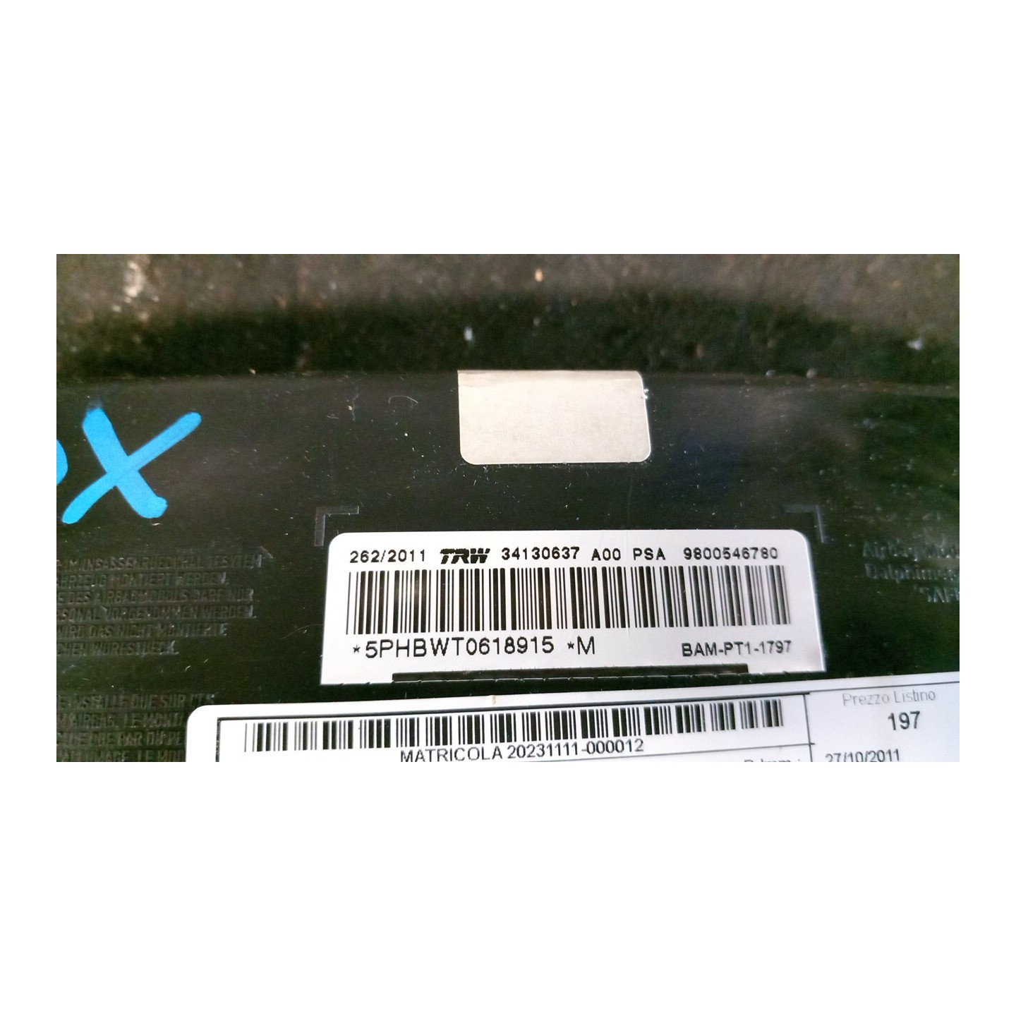 DISPOSITIVO AIRBAG LAT. DX. 012 CITROEN C3 2A SERIE (A51) (09/09-06/13 HFV 8216ZH