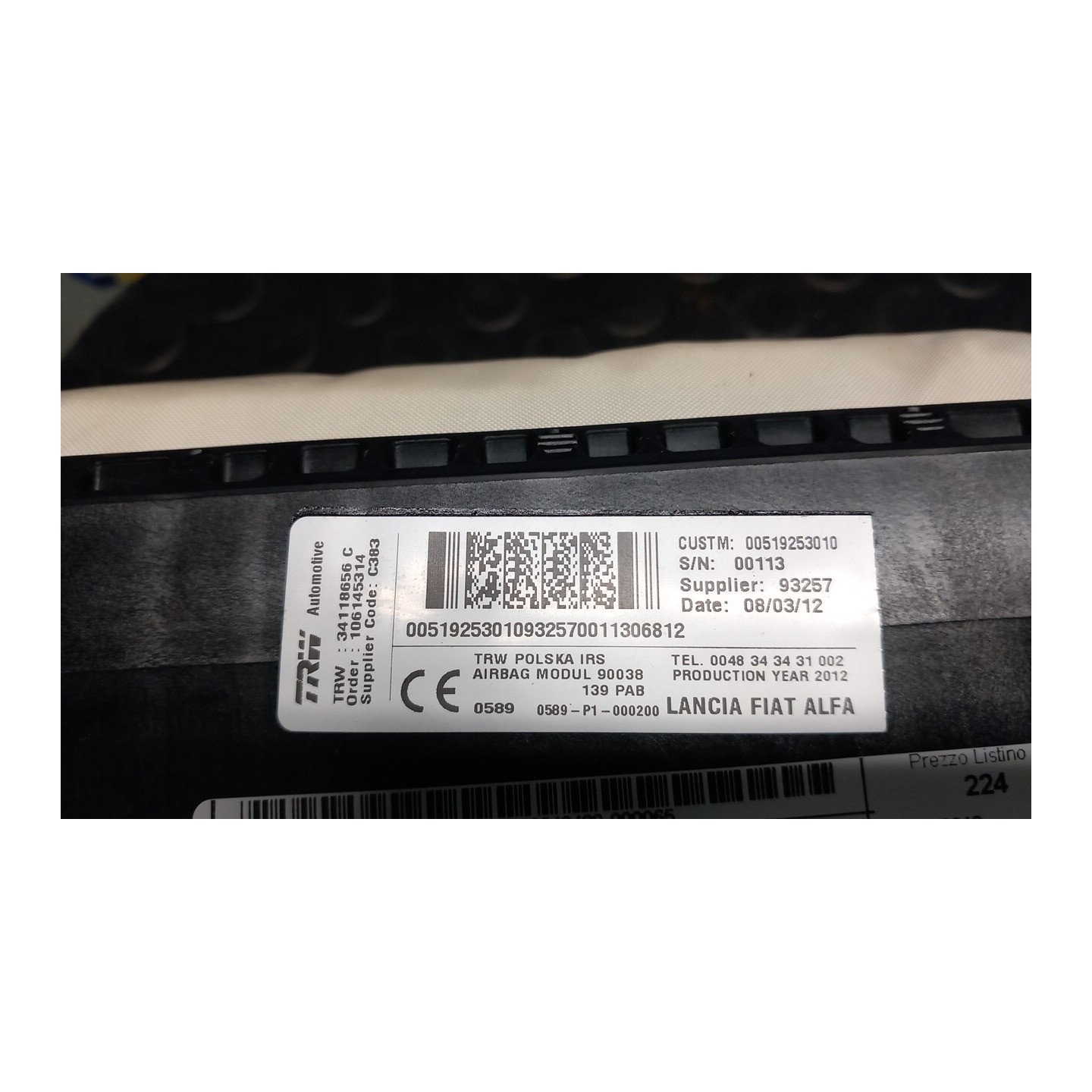 DISPOSITIVO AIRBAG LATO PASSEGGERO 065 FIAT PANDA (33) (12/11-04/17) 169A4000 51925301