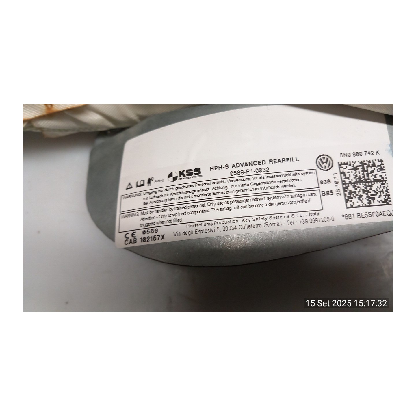 DISPOSITIVO AIRBAG A TENDINA DX. 097 VOLKSWAGEN TIGUAN (5N2) (06/11-10/16) CFF 5N0880742K